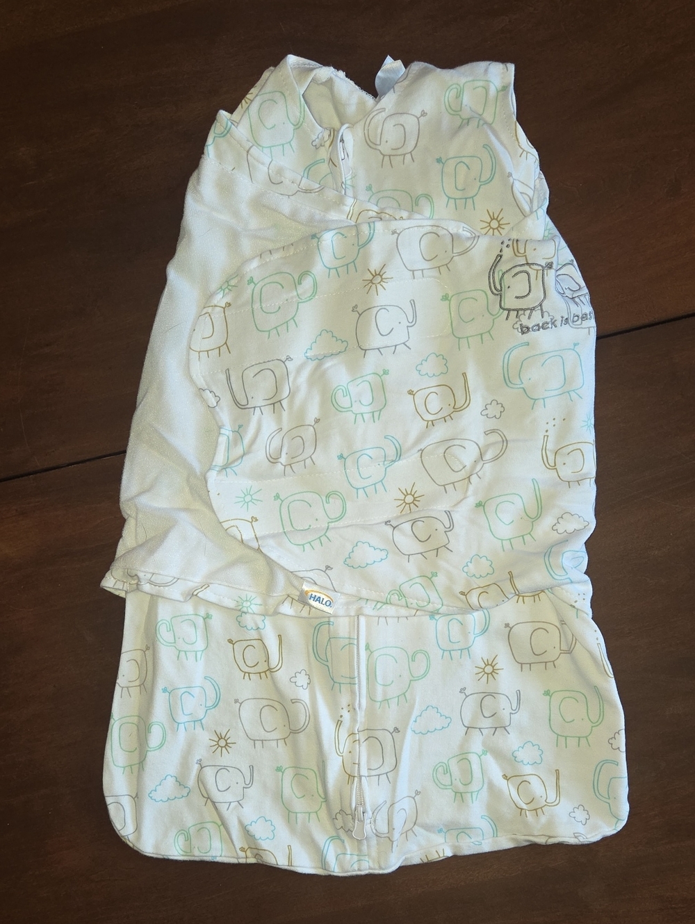 HALO White Sleep Sack with Mint and Tan Elephant Print